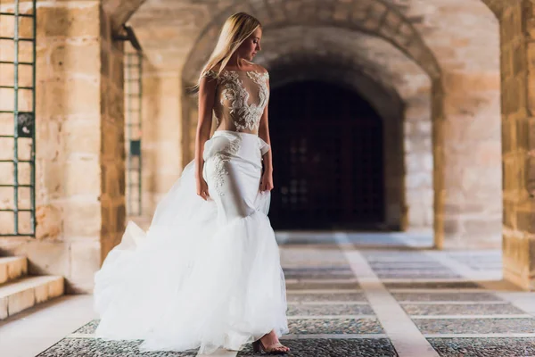 Mooi meisje, model met lange haren poseren in park in de buurt van de grote muur. — Stockfoto