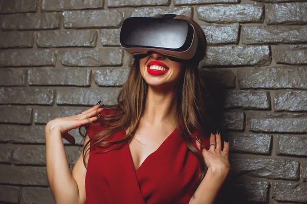 girl in red dress virtual glasses vr.