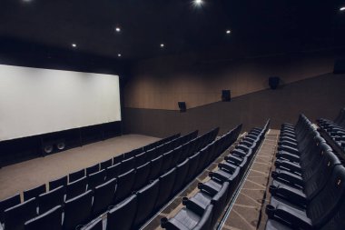 Boş gümüş sinema odası iç ile beyaz perde ve koltuk