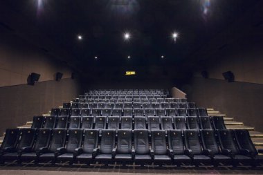 Boş gümüş sinema odası iç ile beyaz perde ve koltuk