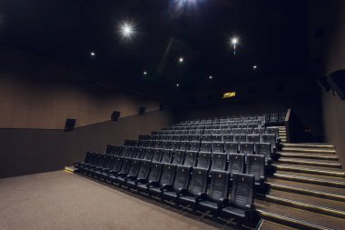 Boş gümüş sinema odası iç ile beyaz perde ve koltuk