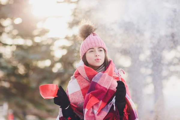 Portrait de jeune belle fille En vêtements d'hiver, soufflant dans une tasse de thé dans ses mains . — Photo