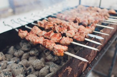 Barbekü domuz eti açık piknik için parlak alev ile kömür ızgarada kavurma kapatın.