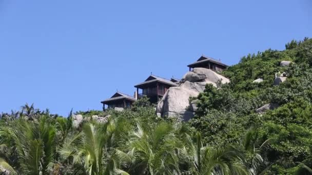 Casa de madera en valle. Flores. Montañas nevadas de piedra. Vintage — Vídeo de stock