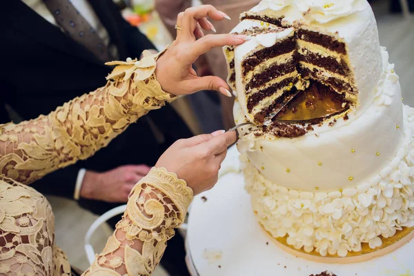 Bride and groom cutting their wedding cake — Stock Photo, Image