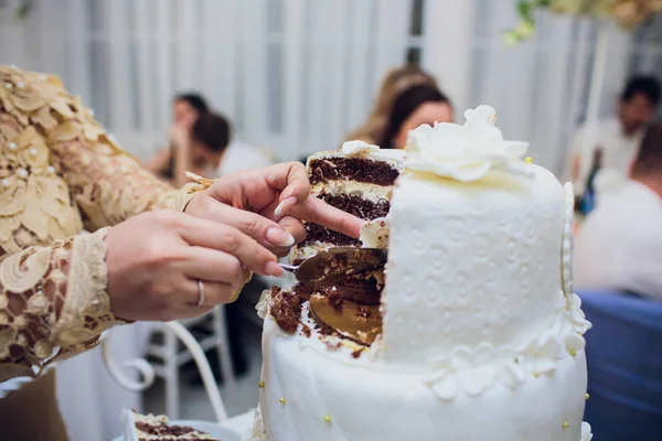 Bride and groom cutting their wedding cake — Stock Photo, Image