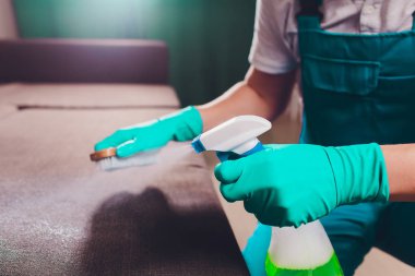 Kırpılmış görüntü. Temizlik kavramı. Turkuaz erkek elinde, Kauçuk koruyucu eldiven koltuk Temizleme Odaya kanepe..