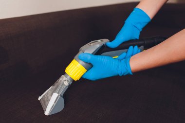 Kanepe kimyasal profesyonel çıkarma yöntemiyle Temizleme. Döşemeli mobilya. Erken bahar temizlik veya normal temizleyin. Kir kaldırmak ışık mavi koruyucu eldiven çalışan Kuru Temizleme