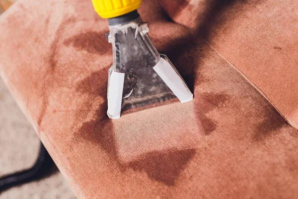 Kanepe kimyasal profesyonel çıkarma yöntemiyle Temizleme. Döşemeli mobilya. Erken bahar temizlik veya normal temizleyin. Kir kaldırmak ışık kırmızı koruyucu eldiven çalışan Kuru Temizleme