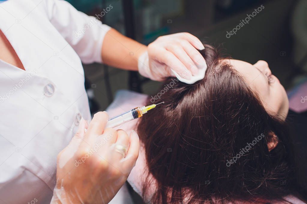 Platelet rich plasma injection procedure. Hair growth stimulation. PRP therapy process.