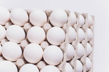 Beyaz yumurta tavuk zararsız, karton ambalaj üzerinde beyaz bir arka plan olarak. 5 paketleri.