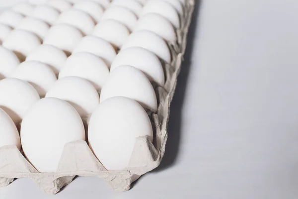 Ovos brancos de uma galinha em embalagem inofensiva, de papelão em um fundo branco. — Fotografia de Stock