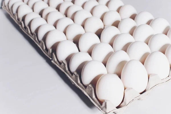 Białe jaja kur w nieszkodliwym, kartonowym opakowaniu na białym tle. — Zdjęcie stockowe