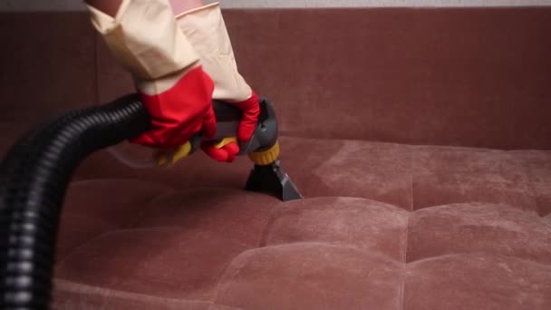 Kanapé kémiai tisztítás szakmailag extrakciós módszer. Kárpitozott bútorok. Kora tavaszi takarítás vagy rendszeres tisztítása. A könnyű vörös védő kesztyű alkalmazott eltávolítja a szennyeződéseket tisztítók — Stock videók
