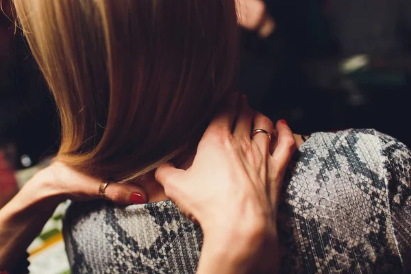 Closeup portrait of Lovely lesbian couple massage relax and happy sweetheart by touching lover. — Stock Photo, Image