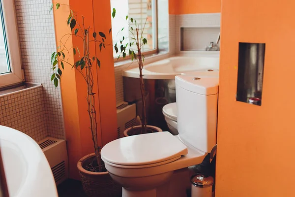 Новый туалет рядом с большим окном в оранжевой ванной . — стоковое фото