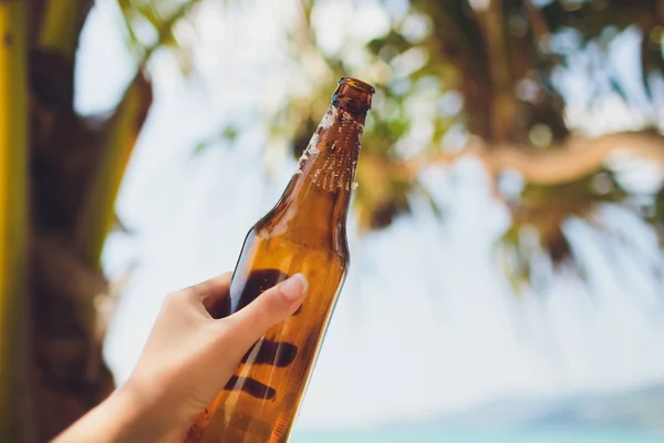 Vacation concept. Male hand holding bottle of beer against sunny sky.