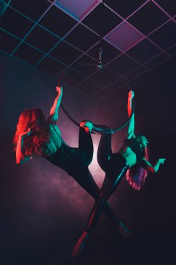 Ringde havadan akrobat. İki genç kız hava yüzük akrobasi unsurları gerçekleştirir.