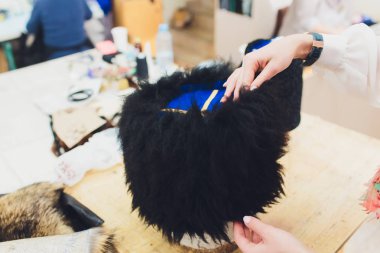 Kazak kapaklar üstünde belgili tanımlık sayaç. Geleneksel Kazak elbise.