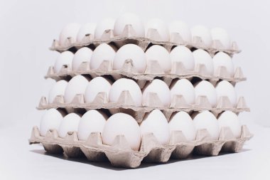 Beyaz yumurta tavuk zararsız, karton ambalaj üzerinde beyaz bir arka plan olarak. 5 paketleri.