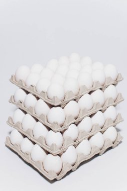 Beyaz yumurta tavuk zararsız, karton ambalaj üzerinde beyaz bir arka plan olarak. 5 paketleri.