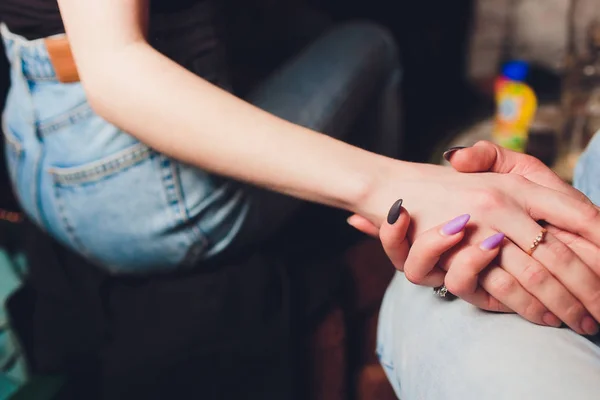 Happy love couple holding hands in the morning at outdoor. — Stock Photo, Image