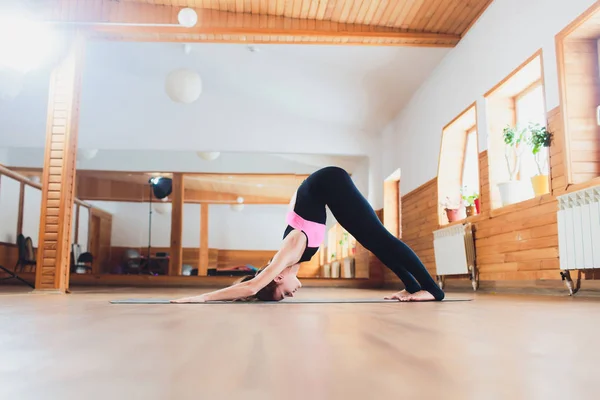 Schöne junge Frau praktiziert Yoga-Asana eka pada adho mukha shvanasana - ein Bein nach unten Hundehaltung bei der Yoga-Klasse. — Stockfoto