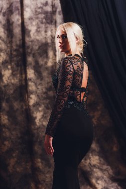 güzel kadın model stüdyo arka planda zarif elbise poz.