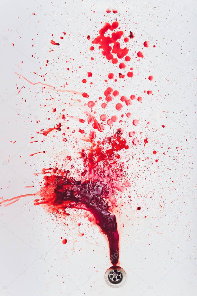 Blood draining from white bathroom basin. Bloody stains in the waterbasin hole. Sink run with blood floods. Red paint dripples to the washbowl drain. Accident with human injury. Bleeding in bathroom.