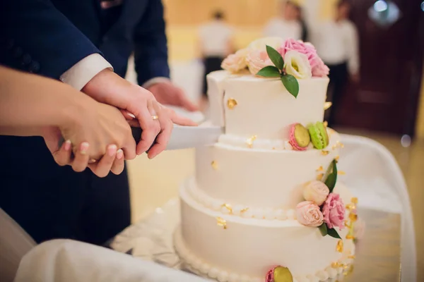 신부 및 신랑 절단 웨딩 케이크 닫습니다. — 스톡 사진