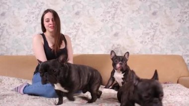 Güzel bir genç kız oturur ve bir Fransız bulldog köpek küçük köpek yavrusu bir sürü tutar.