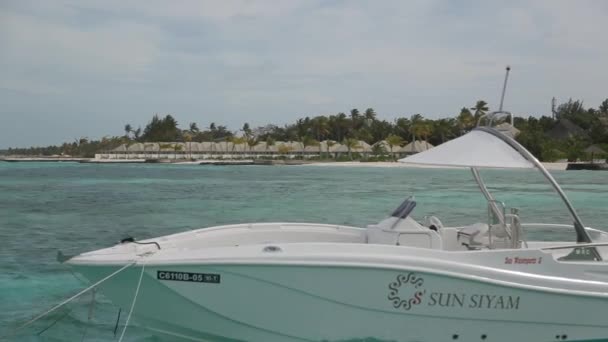 Malediwy, Malediwy-12 05 2018: niewiele. Biały. z włókna szklanego jachtu silnikowego z polerowanego. Poręcze ze stali nierdzewnej. przywiązany do drewnianego doku na Malediwach. — Wideo stockowe