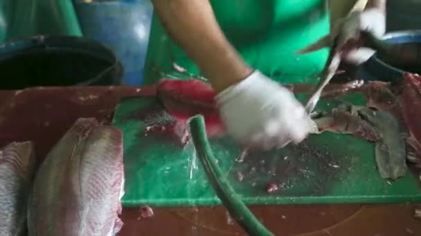 Gros plan sur les mains de l'homme Nettoyage du poisson fraîchement pêché dans le bazar du marché alimentaire. Laver et couper un poisson frais à l'aide d'un couteau et faire prêt à manger vendre en magasin . — Video