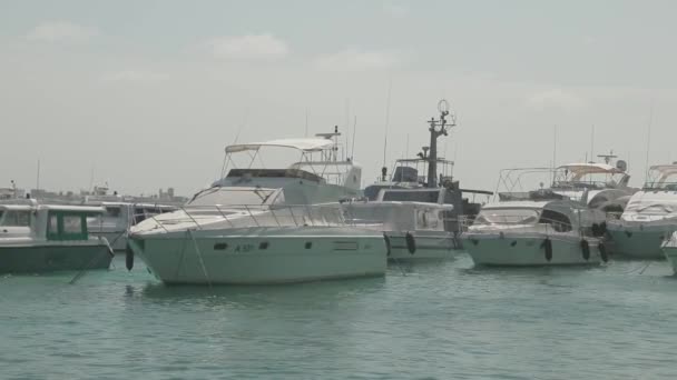 Maledivy, Maledivy-12 05 2018: Little. Bílé. skelná motorová jachta s leštěnou. zábradlí z nerezové oceli. přivázaný k dřevěnému doku na Maledivách. — Stock video