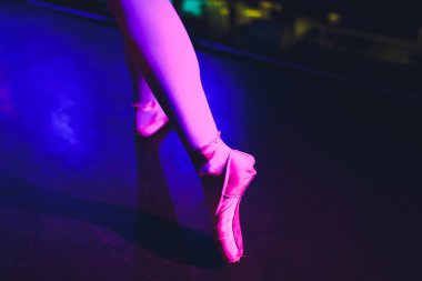 Koyu zemin üzerinde parke zemin üzerinde sivri balerin bacaklar.