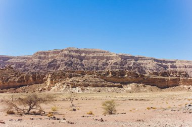Timna Parkı ve Solomon Sütunları, Çöldeki Kayalar, Çöldeki Manzara. Küçük kayalık tepeler. Taş çöl, kırmızı çöl, güneşli gün, yüksek dağlar, sıcak, Timna Park, panorama.