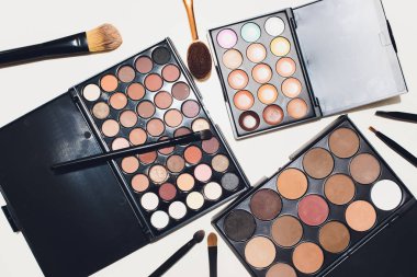 Makyaj fırçaları ve makyaj göz farları beyaz bir arka plan üzerinde.