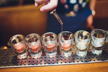 Barmen adam profesyonel bir yazıcı ile pub bar sıcak alkol çekim yapma. Barmen, bir bardak daha hafif ışıklar. Gece kulübünde rahatlayın. Sıcak ateş içer. Parti sağlar.