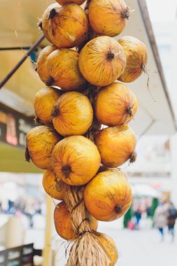 Demet bir ahır tavanda asılı soğan.