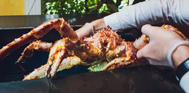 Beyaz üniformalı şef aşçı restoran taze büyük kamçatka yengeç tutuyor. Kavram sağlıklı gıda, yaşam tarzı, yararlı deniz ürünleri, incelik, diyet, elit beş yıldızlı otel menüsünde.