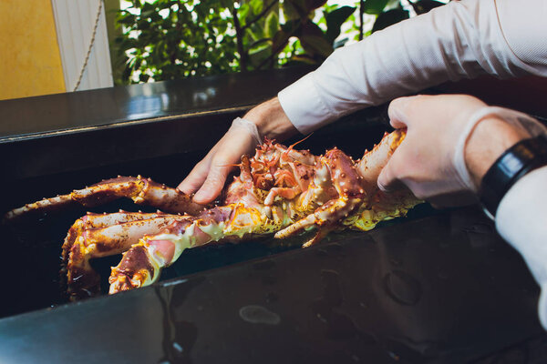 Шеф-повар ресторана в белой форме держит свежий большой камчатский краб. Концепция здорового питания, образа жизни, полезных морепродуктов, деликатесов, диеты, в меню элитного пятизвездочного отеля
.