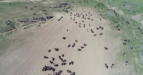 At sürüsi Tacikistan'daki Karakol festivalinde geleneksel oyun sırasında drone Korkmuş at tan görünümü bacaklarının üzerinde duruyor. Bu byt keçi leşi korktum. — Stok video