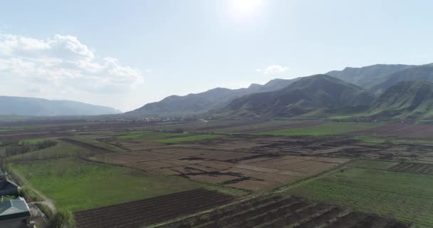 Pueblo de montaña en las estribaciones de Fann. Auténtico pueblo tradicional en el fondo de un valle en verano, Tayikistán, Asia Central . — Vídeo de stock