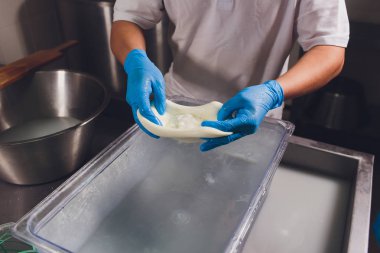 Esnaf cheesemaker elleri ile mozzarella keser.