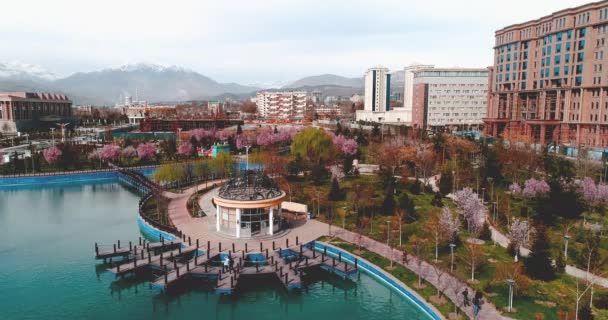 DUSHANBE, TAJIKISTÁN - 12 de agosto de 2018: Rudaki park and National Library, Dushanbe, Tayikistán, Asia Central. tonificación moderna — Vídeos de Stock