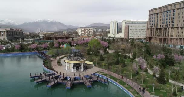 Duşanbe, Tacikistan - 12 Ağustos 2018: Rudaki parkı ve Milli Kütüphanesi, Duşanbe, Tacikistan, Orta Asya. — Stok video
