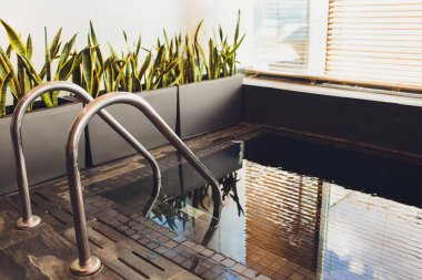 Pencerenin yanındaki saunada rahat bir banyo yaptıran jakuzi.