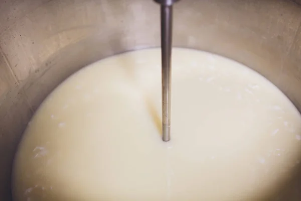 Curdled milk brought to high temperature for the production of cheese in the dairy. — Stock Photo, Image