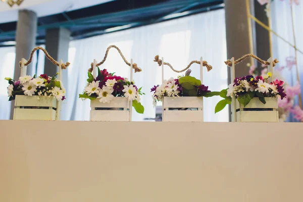 Un arreglo de cuatro macetas de flores blancas de pie sobre mesas de madera dentro de una casa frente a una ventana con fondo bokeh. Las flores están en jarrones y cestas de diferentes formas . — Foto de Stock