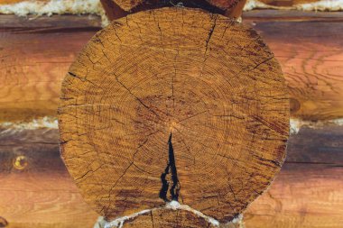 yuvarlak kütüklerden ahşap duvar yakın çekim kahverengi.